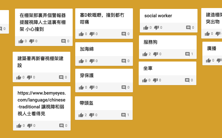 我們因應著想幫助視障人士避免在街上撞到棚架或突然其來腰以上的障礙物，發揮創意，以想出不同的點子。
